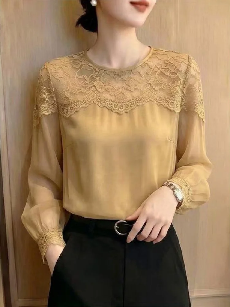 Lace-accented Round-neck Tshirt for Women Long-sleeved Chiffon Blouse Stylish Top Solid Color Pullover Sweatshirt Female Tees