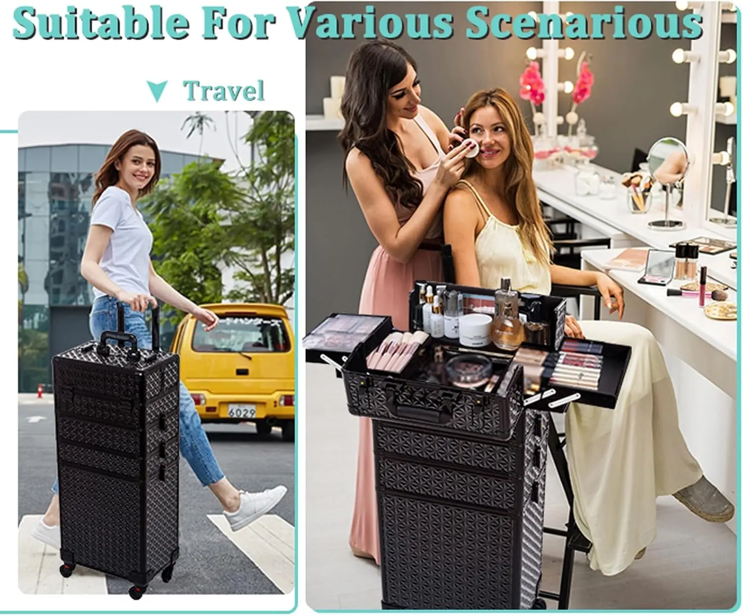 5 in 1 Professional Makeup Train Case Aluminum Cosmetic Case Rolling Makeup Case Extra Large Trolley Makeup Travel Organizer