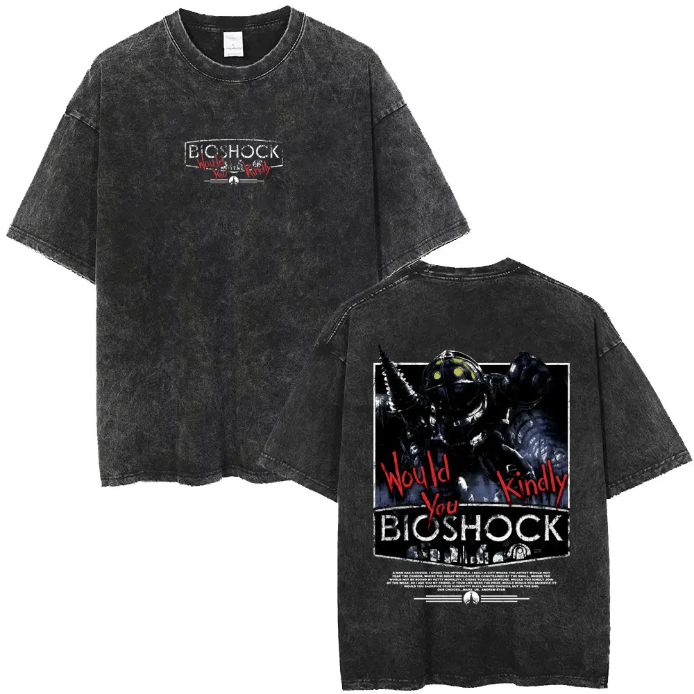 Washed Vintage Classic Shooting Game Bioshock Would You Kindly T-shirt Men Gothic Rock Hip Hop T Shirt Male Oversized Streetwear