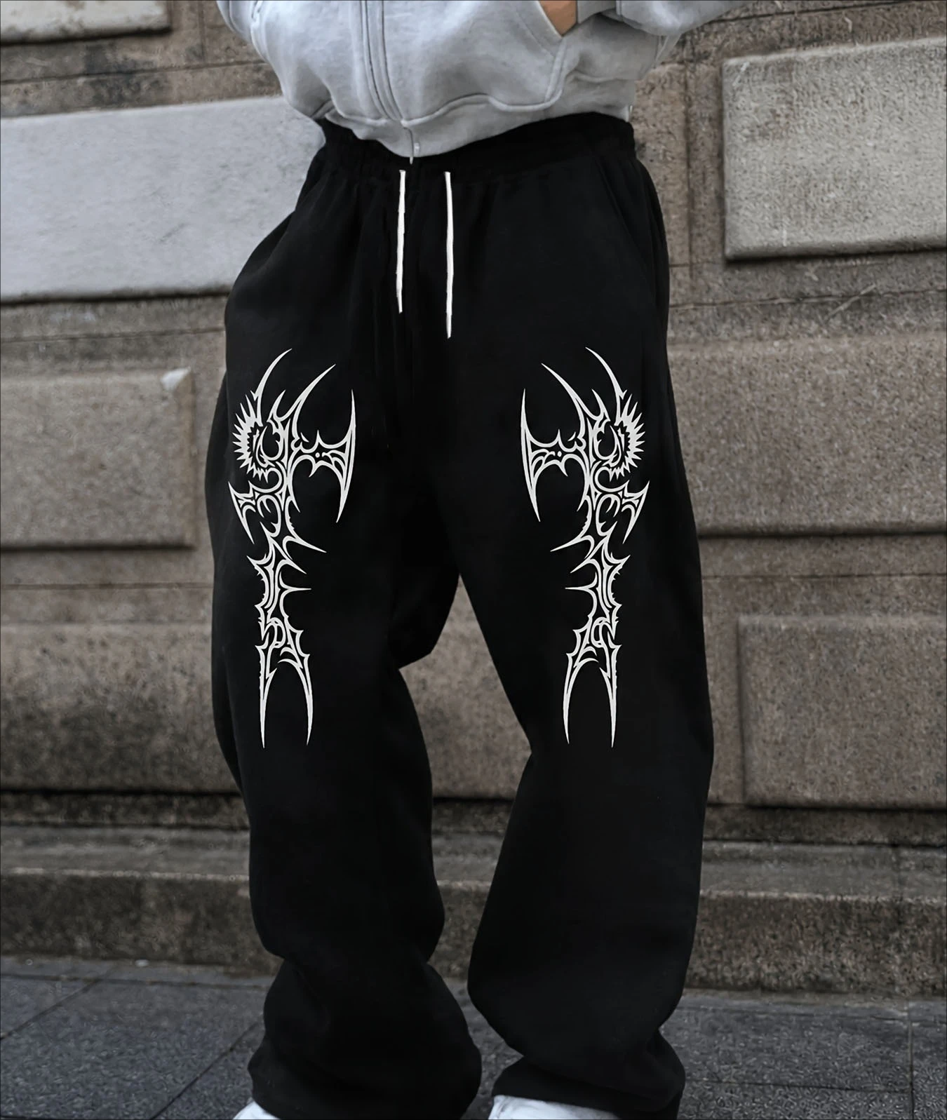 Spiked Gothic Alien Pattern Elastic Waist Wide-Leg Pants, Subculture Street Style Casual Trousers men clothing