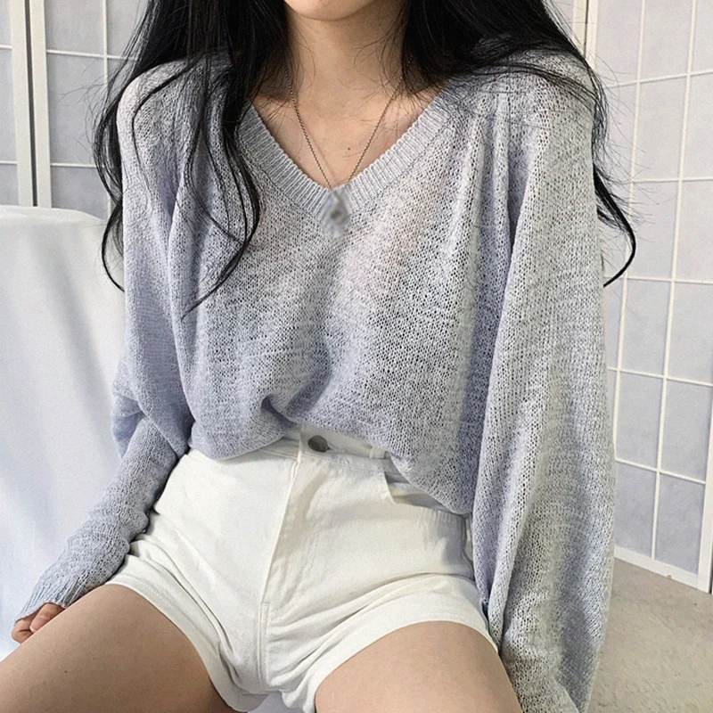 Women Korean Spring/Summer Solid Color V-Neck Knitted Tops Solid Colour Loose Casual Knitted Long Sleeves Sun Protection Tops