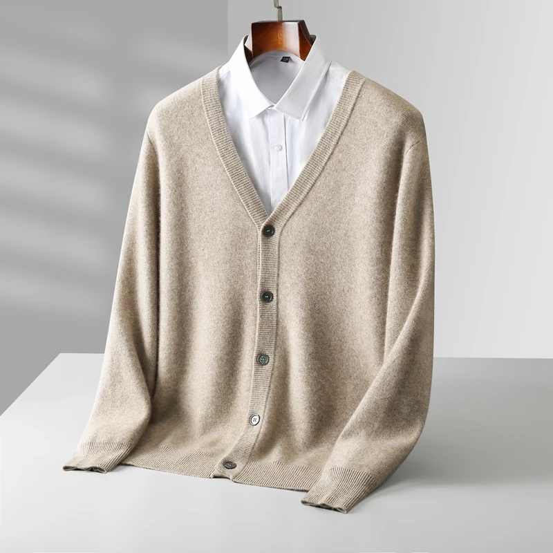 Simple Mature Autumn Winter V-Neck Men's Clothes 100% Merino Wool Single Breasted Cardigan Knitwear Cashmere Sweater Basics Coat
