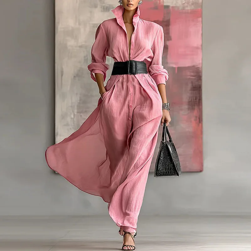 Abito camicia da donna monopetto primaverile da ufficio Abito elegante da donna slim solido Abito da festa autunnale a maniche lunghe a trapezio Vestido