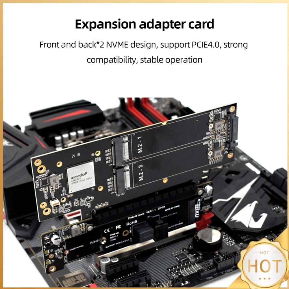 PCIe X16 To X8+X4+X4 Split Expansion Adapter Card M.2 NVMEx2 Input Ports Splitter Card Adaptor Support 2280/2260/2242/2230 SSD