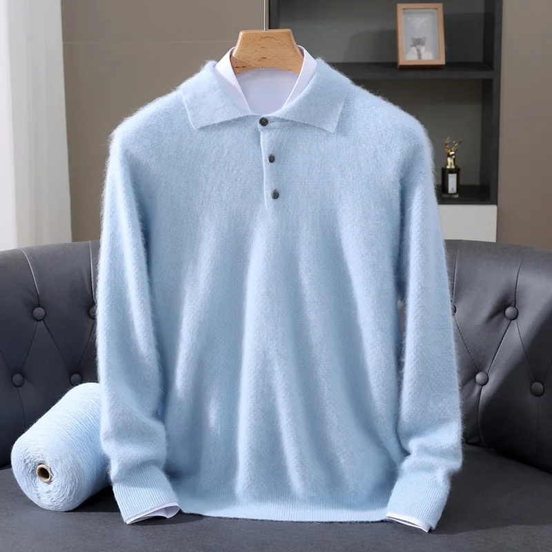 

Autumn Winter Men's Polo Thick Pullover Classical Smart Casual Cashmere Sweater 100% Mink Cashmere Knitwear Business Comfy Tops