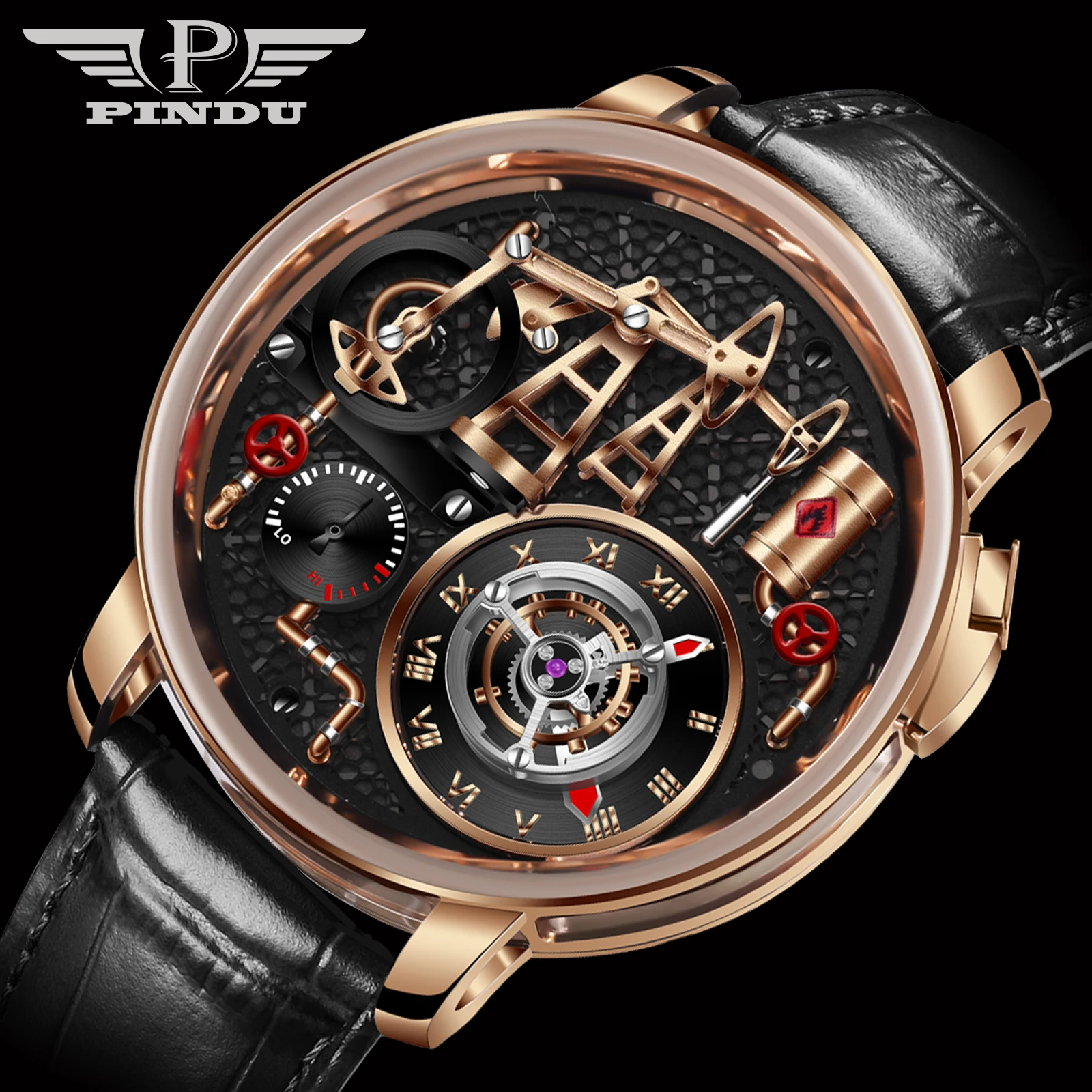 PINDU Design New Button Oil Pump Quartz Watch for Men Swiss Quartz 762 Movement Sapphire Waterproof Stainless Steel Men's Watch