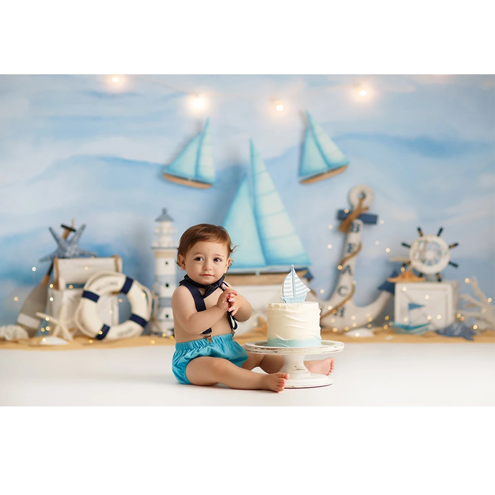 Fondo de fotografía de navegación de barco de vela para niños, accesorios de estudio fotográfico de aventura, pastel de cumpleaños, Smash