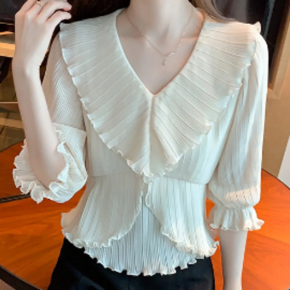 Chic Sweet Ruffle Pleated Long Sleeve V Neck Blouse Elegant French Fashion Sexy Shirt Spring Autumn Women Top