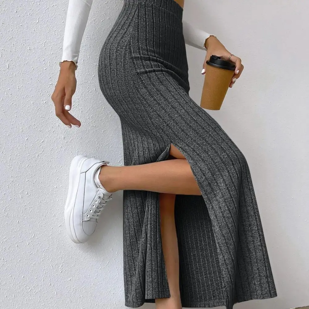 

Fall Winter Skirt Knitted High Waist Thick Elastic Ankle Length Striped Slim Split Hem Sheath Women Maxi Skirt