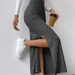 Fall Winter Skirt Knitted High Waist Thick Elastic Ankle Length Striped Slim Split Hem Sheath Women Maxi Skirt