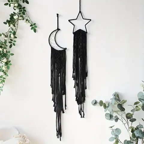 Moon & Star Macrame Wall Hanging Black Boho Dreamcatcher Tapestry for Living Room Bedroom Home Decor Modern Minimalist Gifts