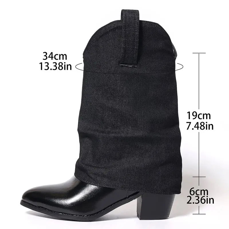 ASILETO Fashion Cowboy Mid Calf Boots Pointed Toe Block Heels 6cm Slip On Mixed Color Large Size 46 47 48 Casual Western Bota