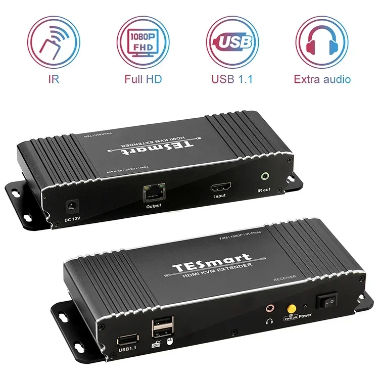 TESmart cctv video extender transmitted up to 70m KVM Extender with IR  support L/R decode video hdmi rj45 cat 56 extender