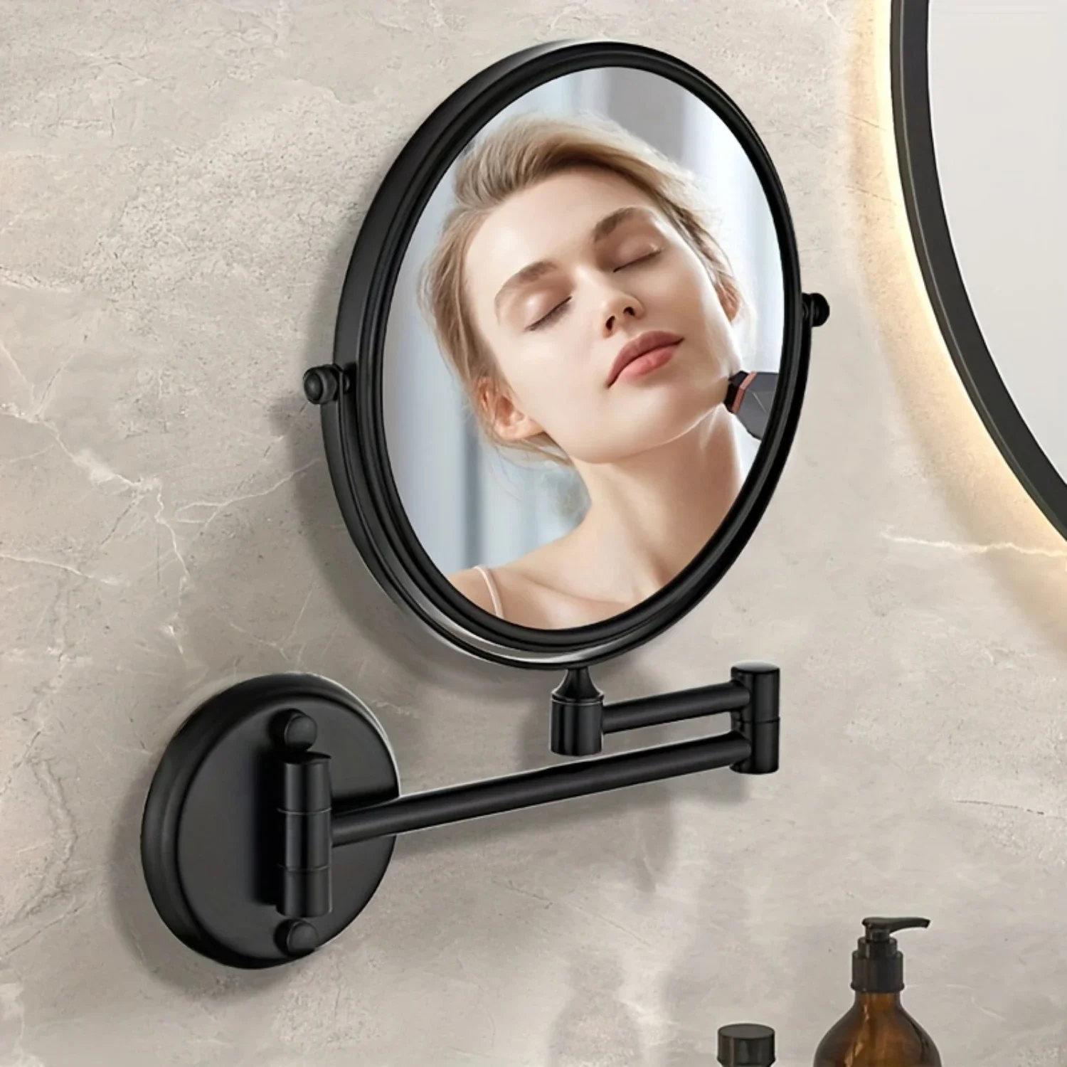 Modern Black Wall-Mounted Shaving Mirror with 10X Magnification, 8-Inch Chrome Double-Sided Makeup Mirror, Swivel and Foldable D