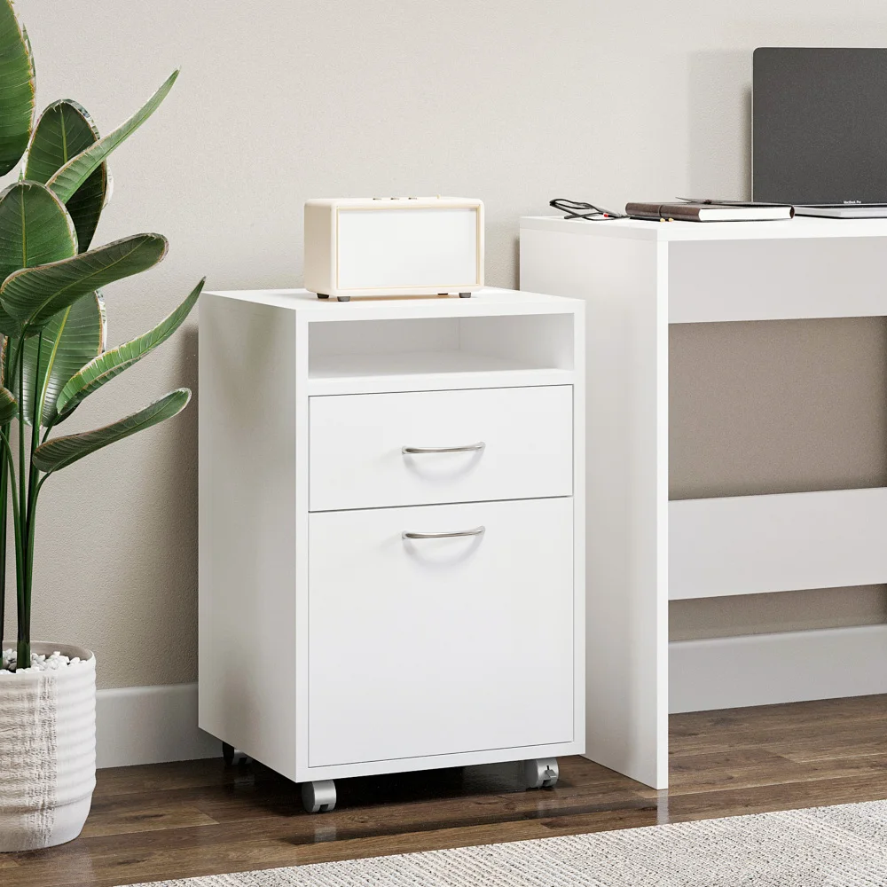 Mobile Under Desk Printer Stand with Drawer & Cabinet, Nordic Minimalist Rolling Office Storage Cabinet with Brake Wheels for Home Office