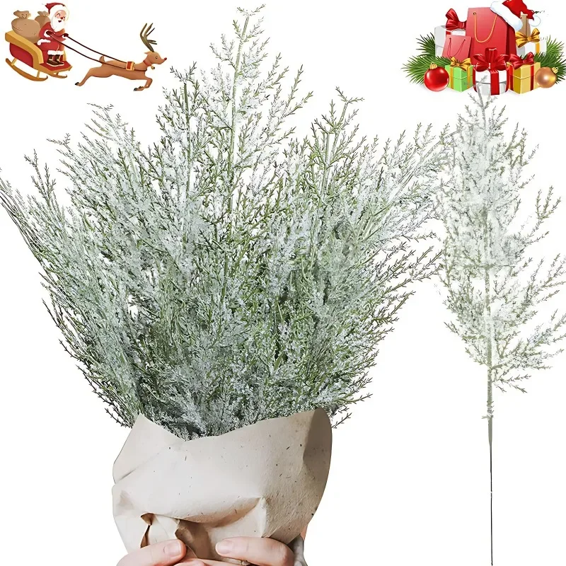 Artificial Christmas Frosted Pine Branches Faux Cedar Branches Fake Snow Sprigs Pine Leaves Plastic Cypress Garland Wreath DIY