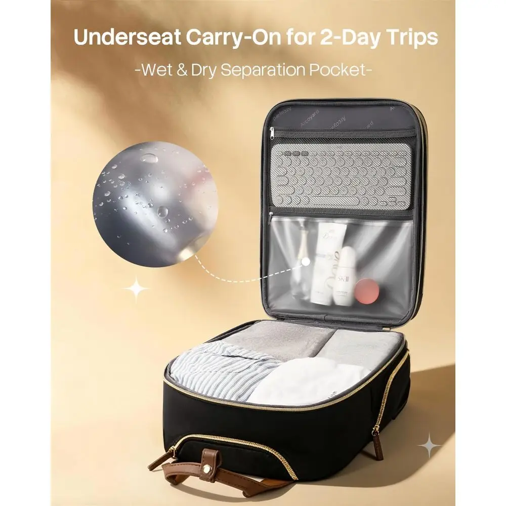 حقيبة حمل بمقعد سفلي مع جيوب متعددة، معتمدة من طيران، مقبض جلدي، حقيبة خفيفة الوزن للنساء، باللون الأسود والأسود