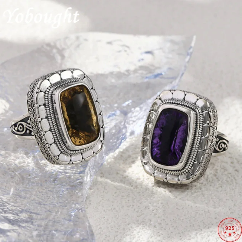 

S925 Sterling Silver Rings For Women Men New Fashion Handmade Pattern Natural Amethyst Yellow Crystal Jewelry Free Shipping