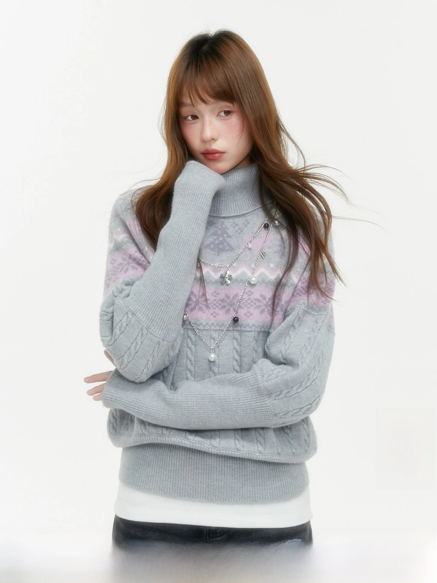 

STA Women's ey Fair Isle Knitted Sweater High Ne Waist-Cinching Autumn Winter Pullover Casual Sle Long Sve