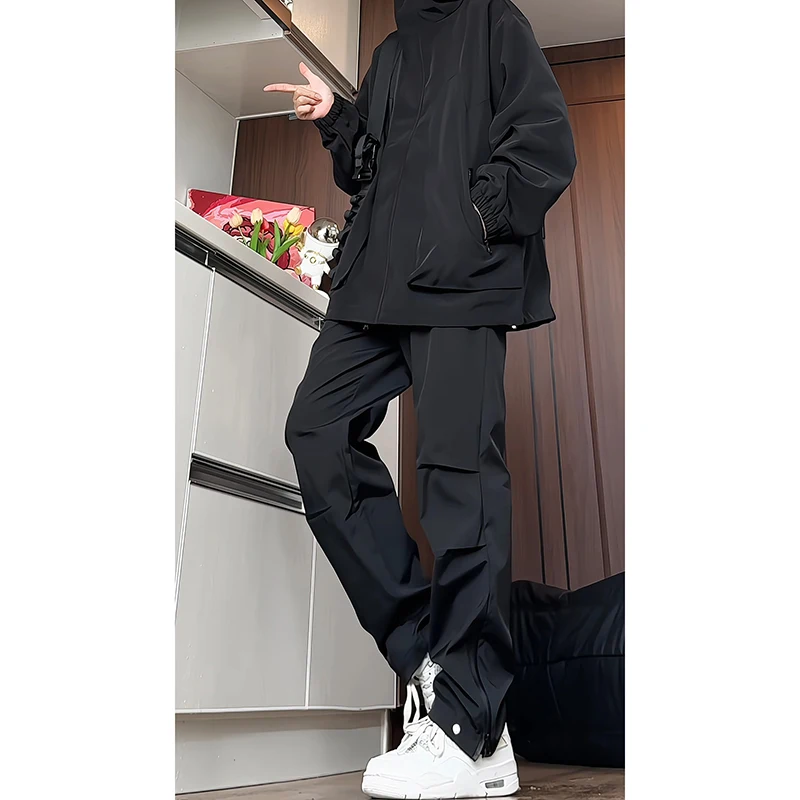 Men Streetwear Tracksuit Black Hooded Jackets And  Hip Hop Pants Clothing 2 Pcs Set Suit Sweatsuit