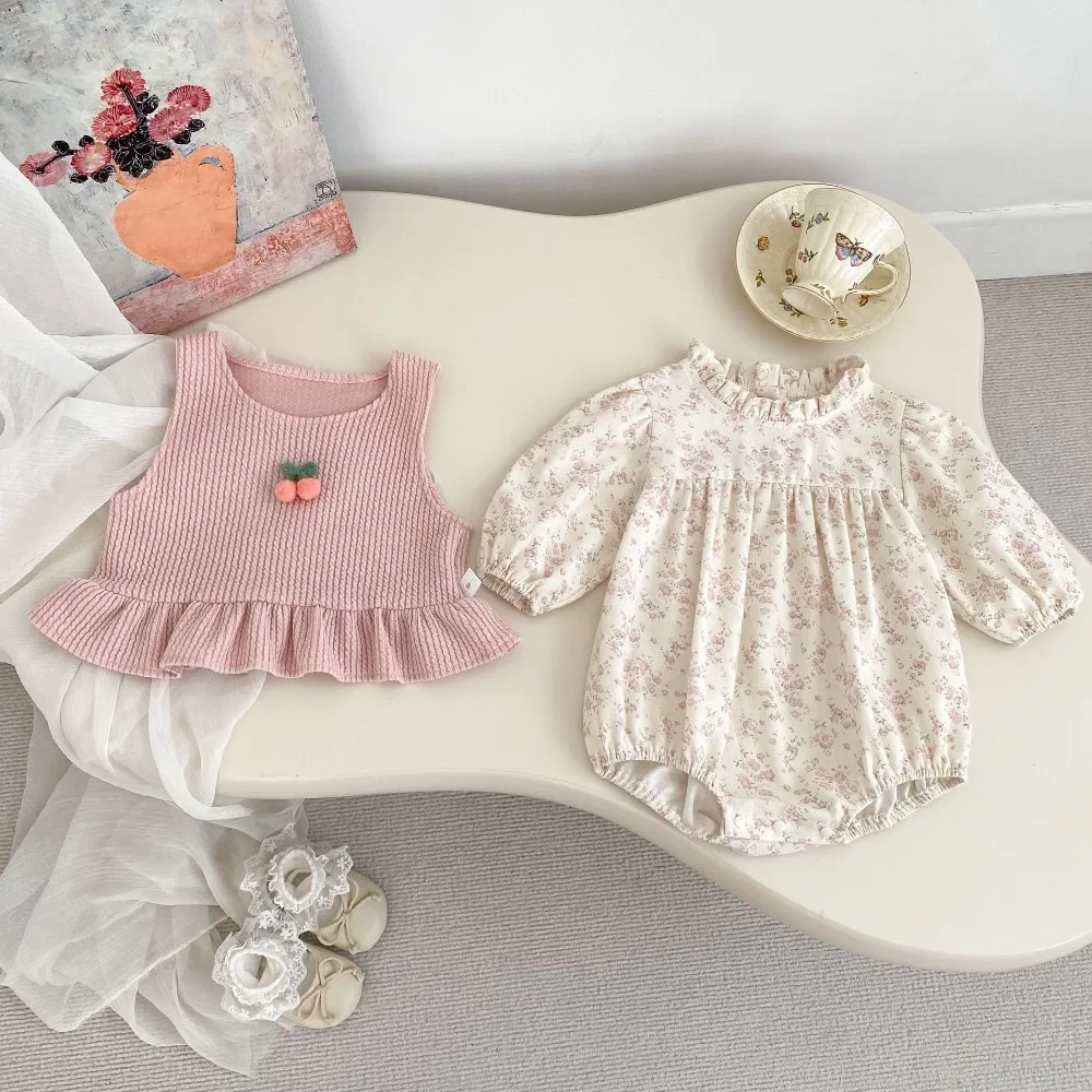 2025 Cute Newborn Baby Girl Clothes 0-2Years Princess Flower Romper Cherry Pullover Tops 2PCS Outfits Autumn Clothing Set