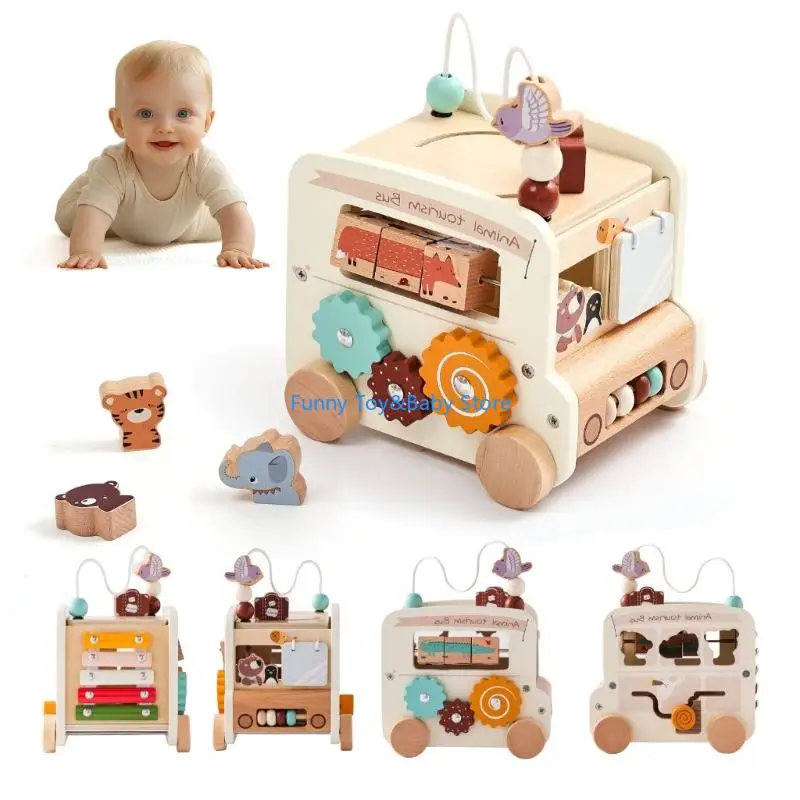 Brinquedo ônibus atividade educacional para crianças, classificação formato e função push pull, promovendo o