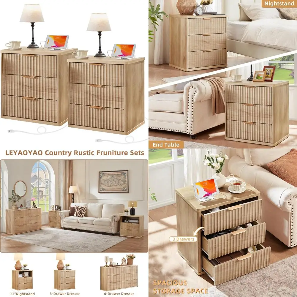 طاولات مزرعة مزدوجة واسعة مقاس 23 بوصة مع محطة شحن، و3 أدراج، ومقابض معدنية، ولمسة نهائية طبيعية