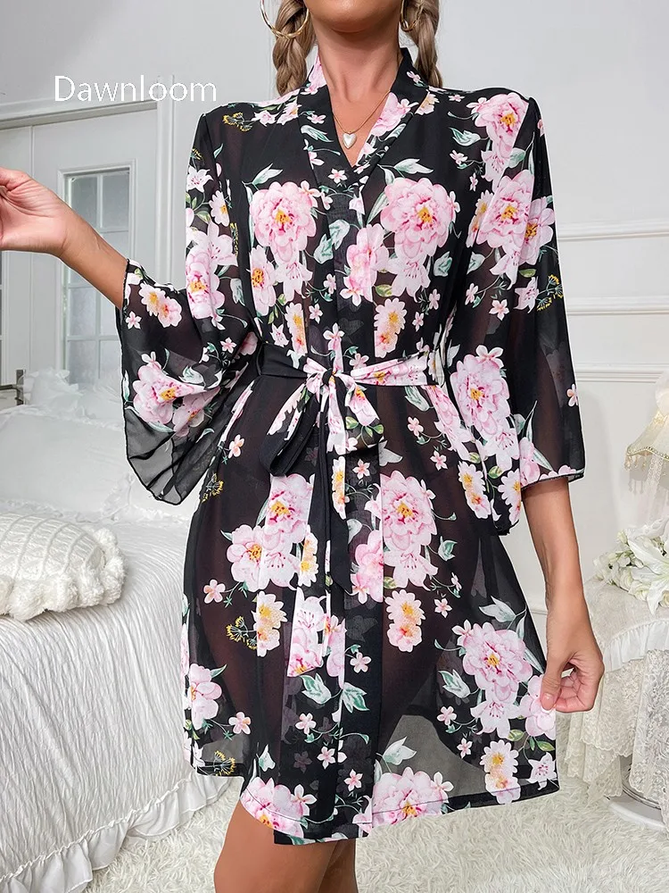 

Dawnloom Black-Base Pink Floral Print Bell Sleeve Tie-Waist Short Robe for Women Romantic Sexy Luxury Home Loungewear