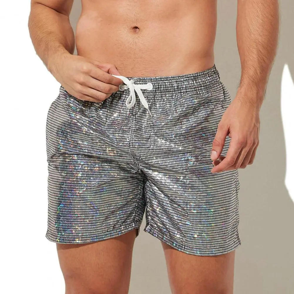 Calça de praia estampada metálica masculina, brilhante com cordão, shorts de ginástica com lantejoulas, cós elástico, secagem rápida