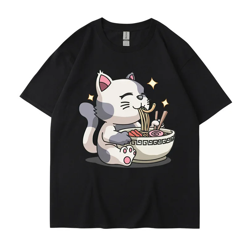 Cute Ramen Flavored Cat Print Women T-shirt Harajuku Summer Short-sleeved T Shirt Female Fashion Clothing Unisex Streetwear Tops