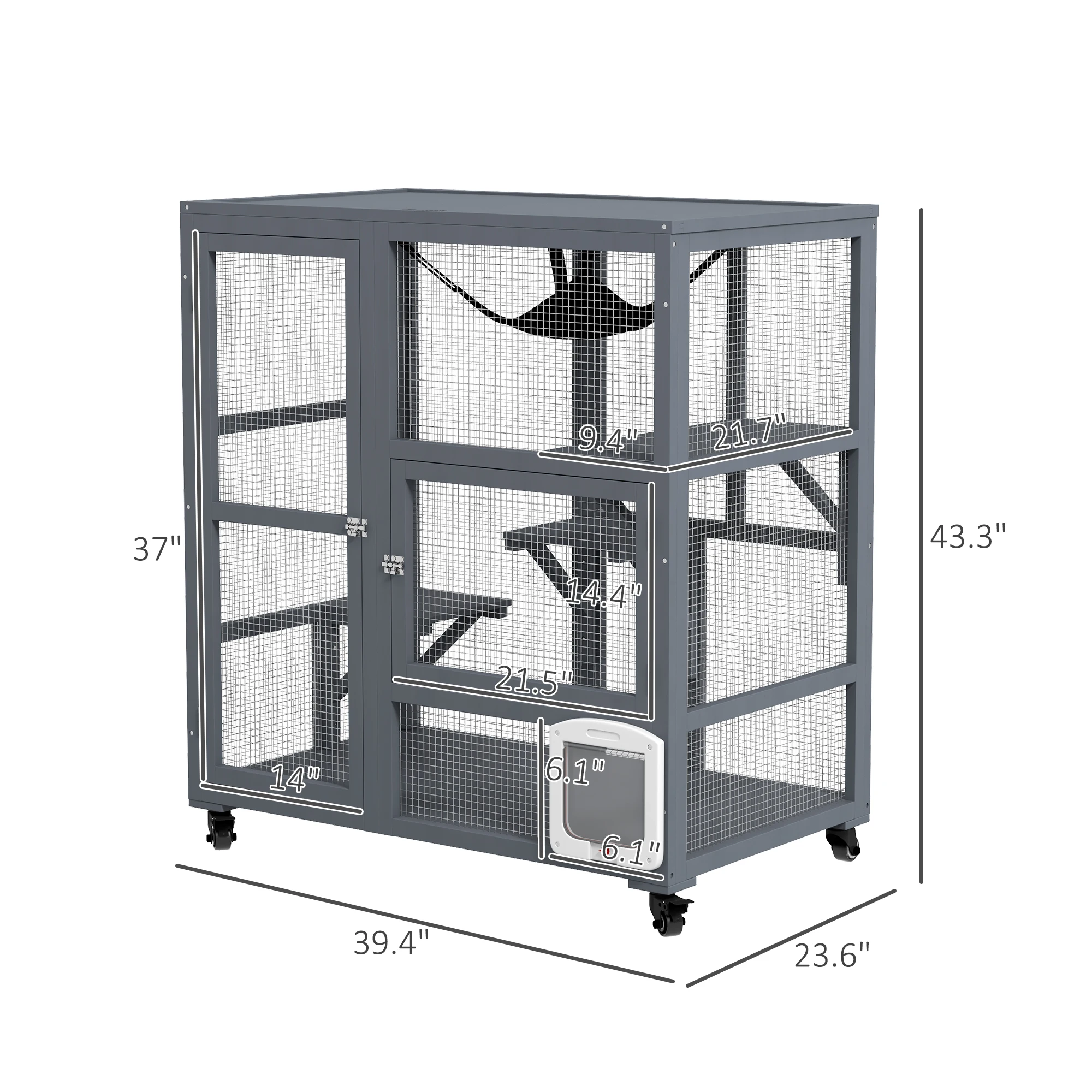 Indoor Cat Enclosure on Wheels, Wooden Kitty Cage with Cat Flap Door, Platforms Hammock & Openable Top for 2 Cats, 39