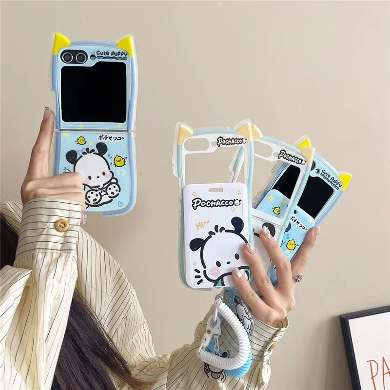 3D Cute Cartoon Sanrio Pochacco Wallet Card Pocket Phone Case For Samsung Galaxy Z Flip 6 5 5G 4 3 Soft TPU Cover With Lanyard