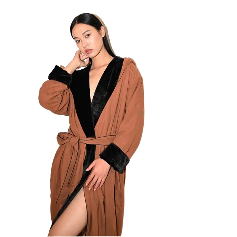 

Fall and Winter New Nightgown Women's Fleece Hooded Long Fashion Coral Fleece Outer Loungewear Large Size Comfortable and Simple