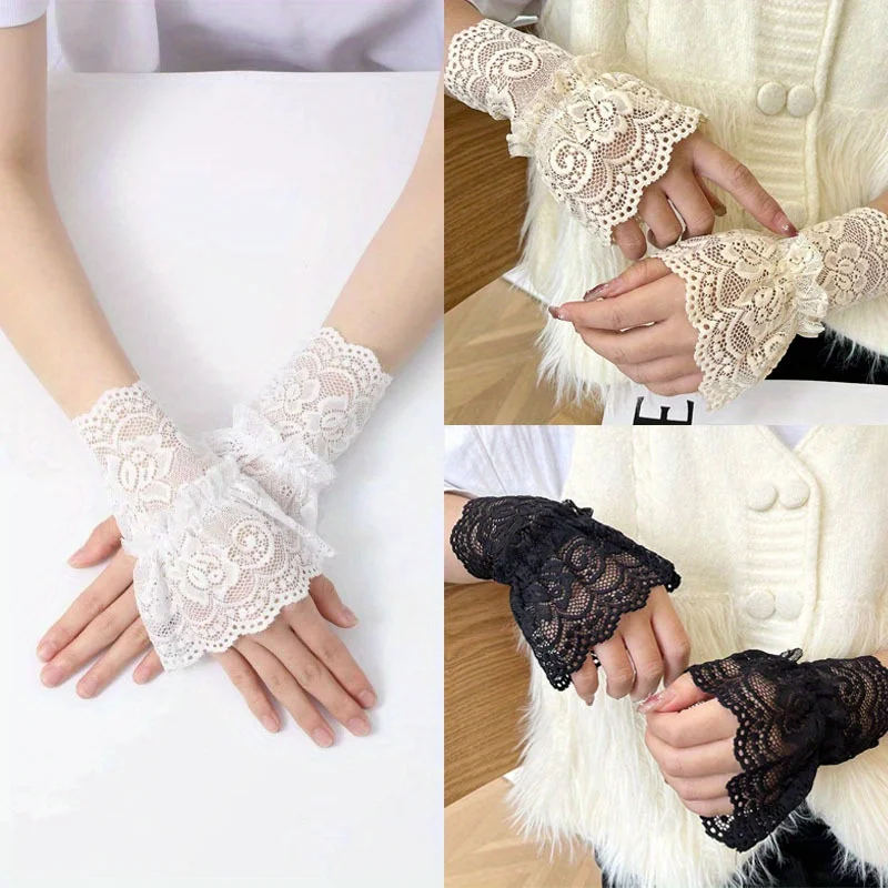 1 Paar Spitzen-Hohlarmbänder für Damen, Handgelenkabdeckungen mit Spitzenbesatz, dehnbares Blumenmuster, für Partys, Hochzeiten, formelle Veranstaltungen – Detail 1