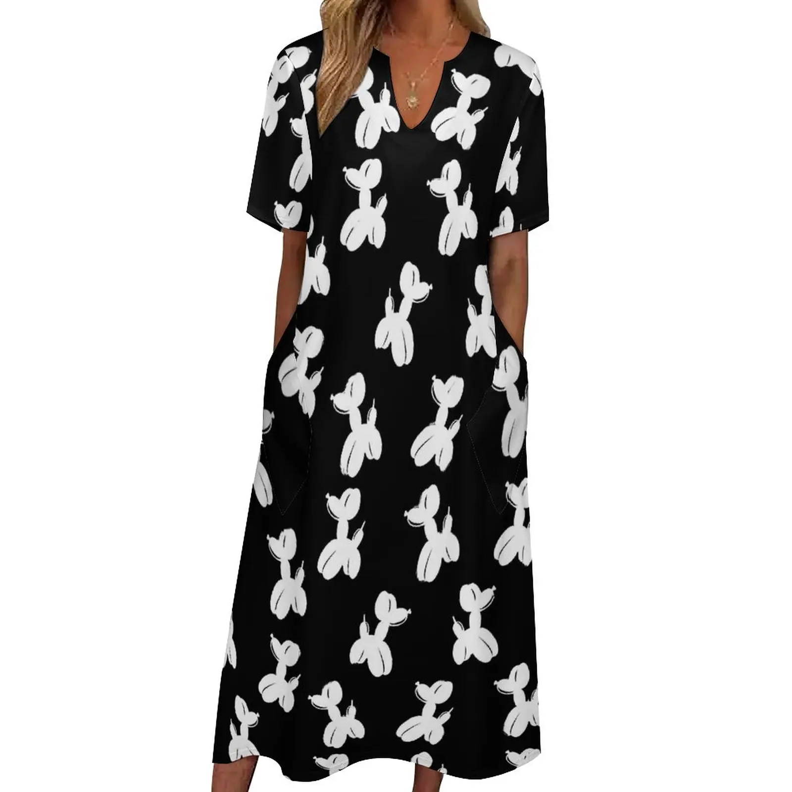 

White Balloon Dog Dress Summer Animal Print Street Style Casual Long Dresses Female Party Maxi Dress Birthday Gift