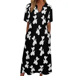 White Balloon Dog Dress Summer Animal Print Street Style Casual Long Dresses Female Party Maxi Dress Birthday Gift