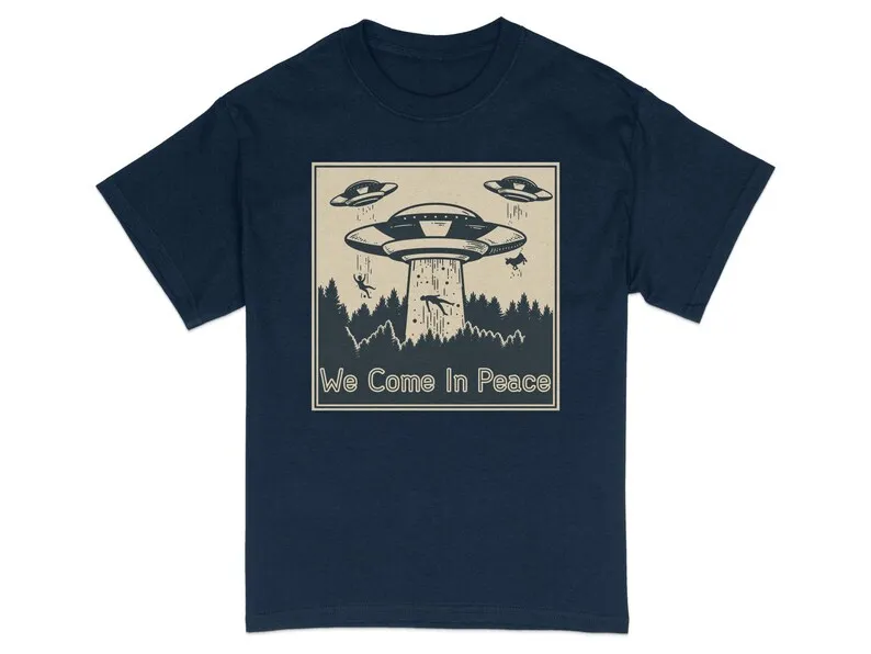 Vintage Alien UFO T-Shirt, We Come In Peace Forest Design, Sci-Fi Tee, Retro Space Graphic Shirt, Extraterrestrial Encounter Top