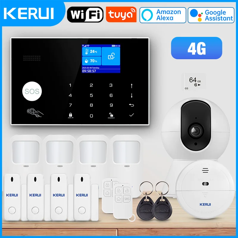 

Комплект домашней сигнализации KERUI 4G/WiFi, система охранной сигнализации для защиты дома, умное приложение Tuya с батарейным питанием G34