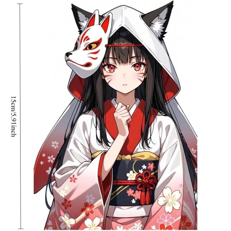 Fox Mask Girl Vinyl Car Sticker, Waterproof Decal for Window, Desk, Bookshelf, Fridge, Laptop, Tumbler, Smooth Surfaces