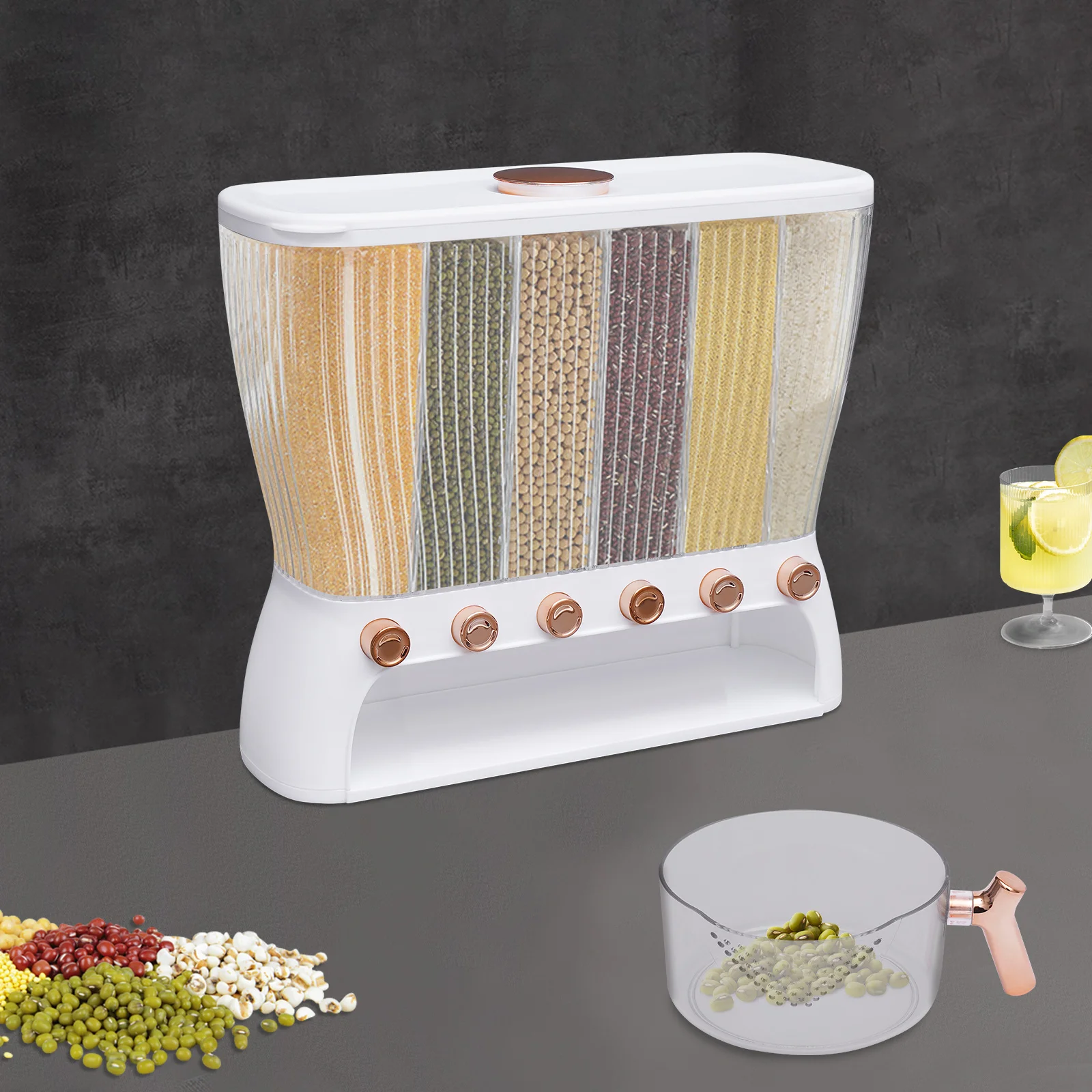 

Dry Food Dispenser, 6 Grid Cereal Dispenser,Rice dispenser 25 pounds Kitchen Storage with Measuring , CupOne-Click Output