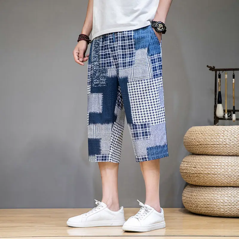 2024 New Trendy Chinese Style Summer Thin Ice Silk Men\'s Printed Elastic Waist Capris Casual Versatile Beggar Patch Haren Shorts