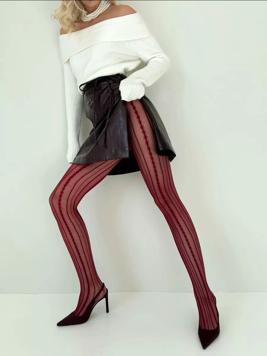 Kave Burgundy Striped Y2K Hollow Tights For Women Sweet Vintage Sexy Versatile Thin Pantyhose 2026 Spring And Autumn New Trendy
