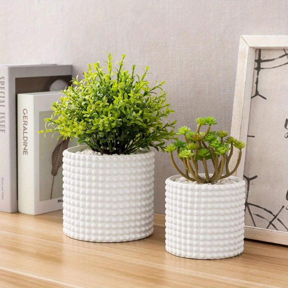 

Set of 2 White Ceramic Vintage Style Hobnail Textured Flower Planter Pots