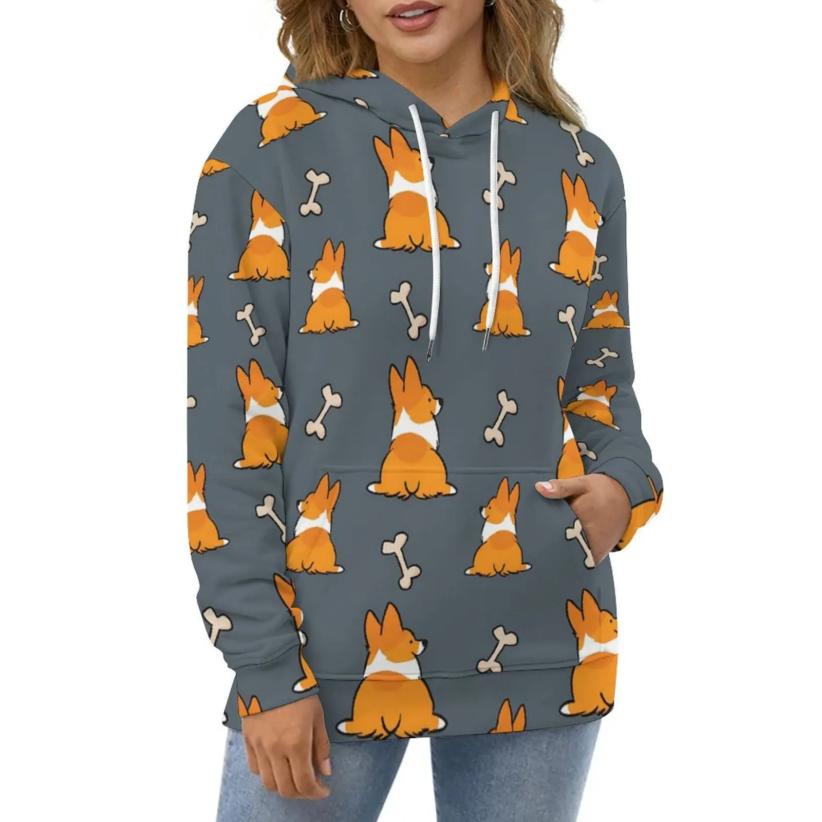 Corgi Butt Print Hoodies Funny Animal Hip Hop Oversized Hoodie Unisex Long Sleeve Aesthetic Printed Casual Sweatshirts