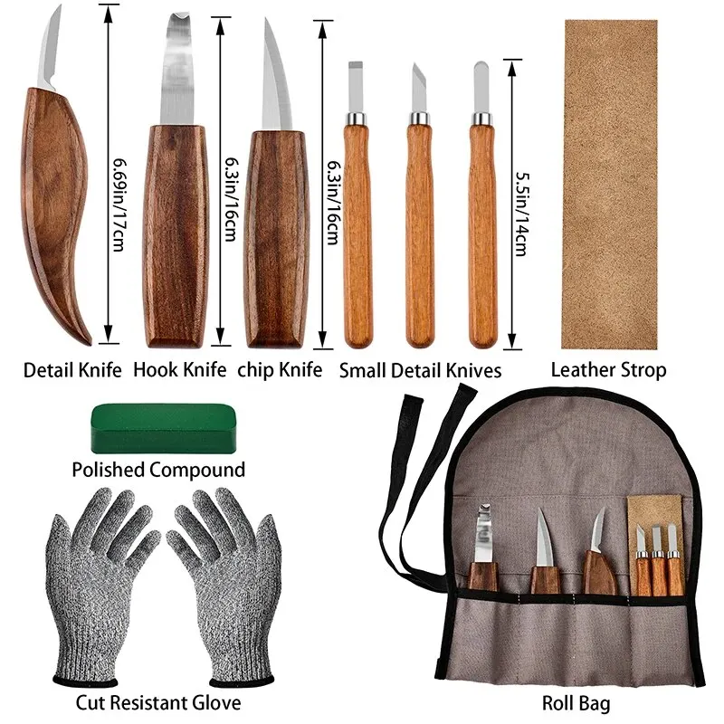 10Pcs Wood Carving Tools Set with Detail Wood Carving Knife Wood Chisel Knife Gloves Carving Knife Sharpener Woodworking Tools