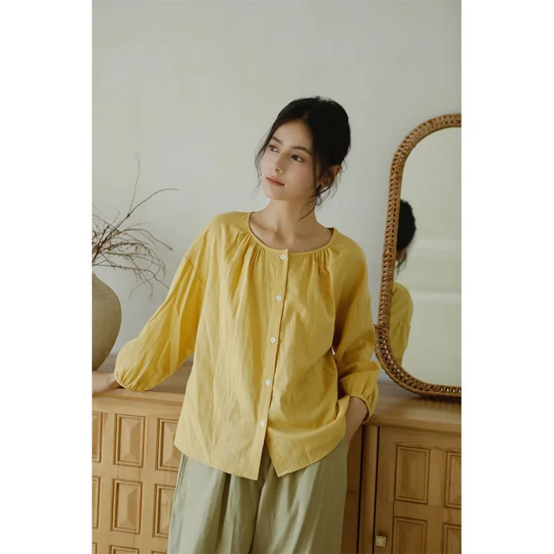 Autumn Cotton Double-layer Gauze Loungewear Loose Solid Color Long-sleeved Top and Trousers Pajamas Multicolor Free Combination