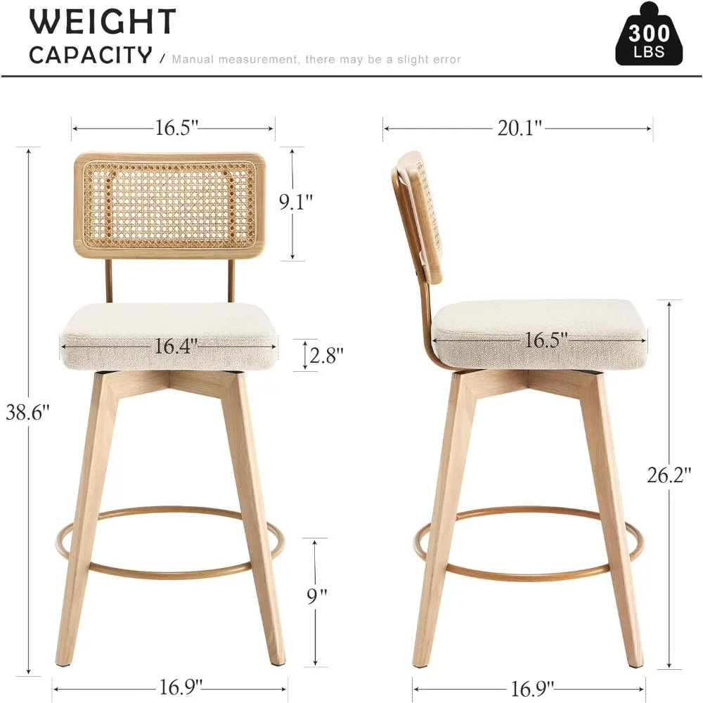 Conjunto de 2 bancos de bar giratórios de vime natural de 26 polegadas, cadeiras estofadas sem braços de madeira maciça com pernas de madeira para balcão