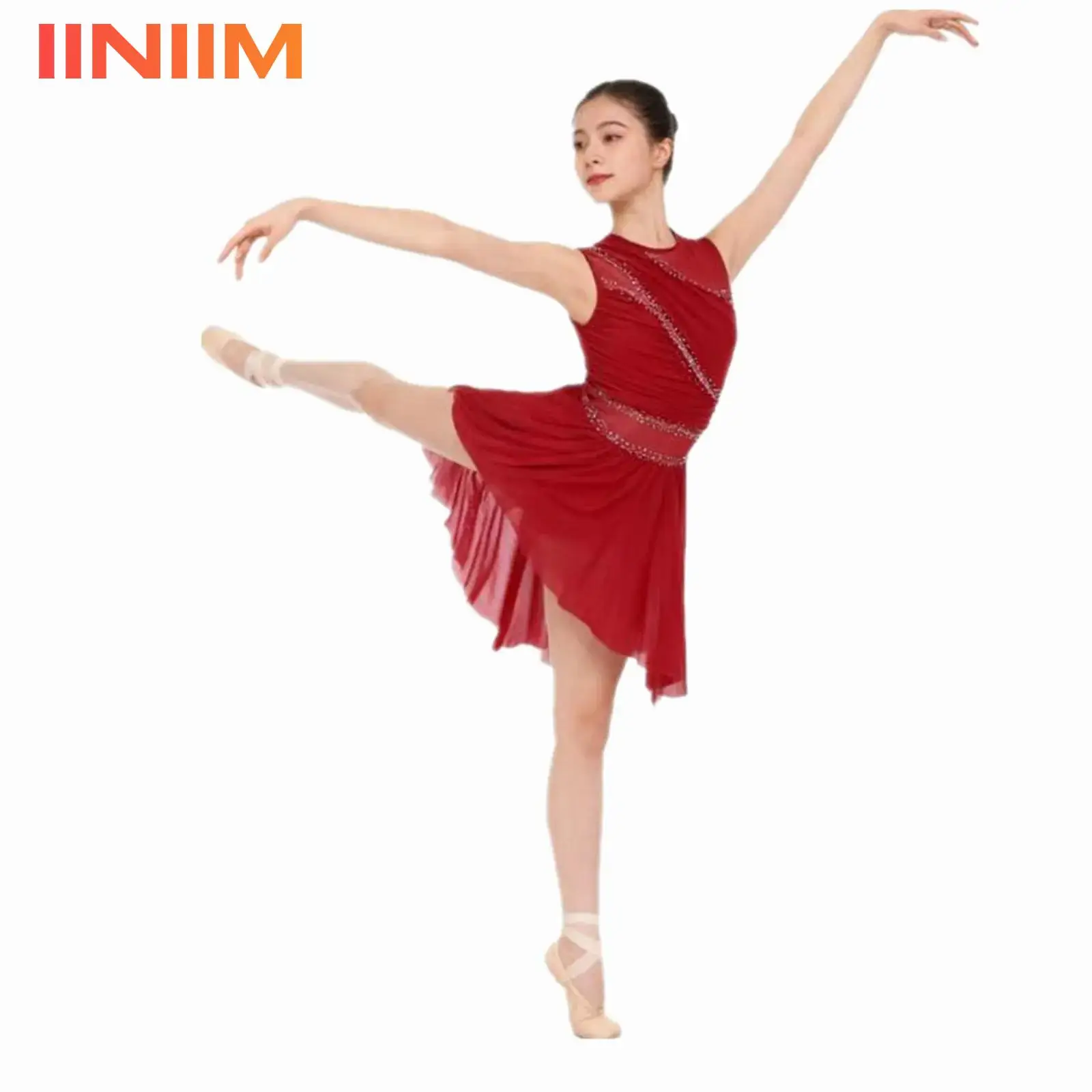 

Womens Shiny Rhinestone Gymnastics Leotards Ballet Tutu Lyrical Dance Leotard Costume Dance Wear Sheer Mesh Figure Skating Dress
