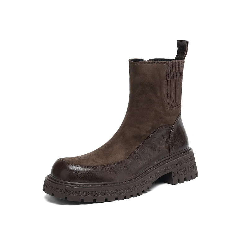 

Womens Chelsea Boots New Spring Autumn Shoes Sheepskin Round ToeTrendy Boots Chunky Heel Platform Shoes Patchwork Botas