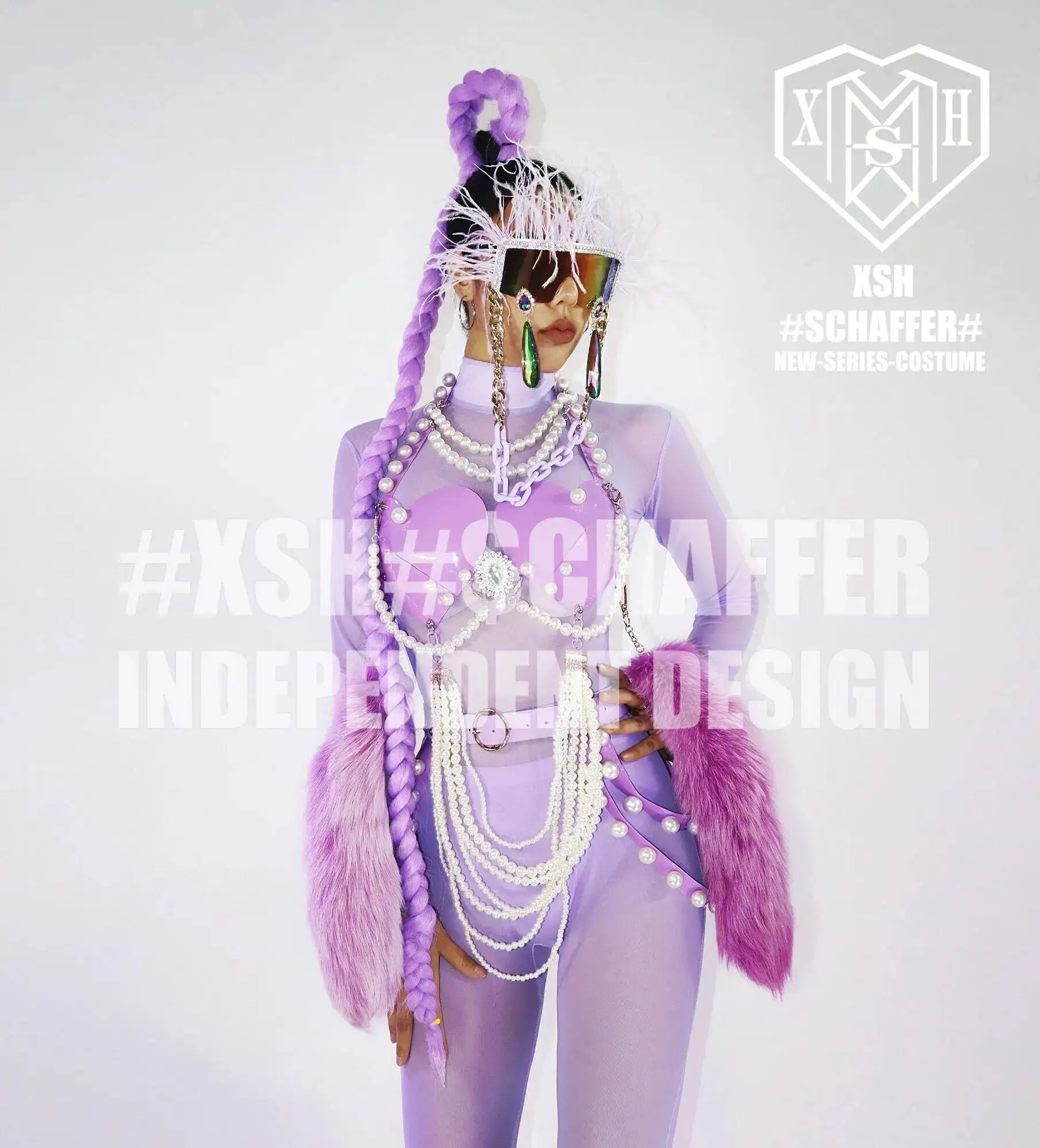 

Set Wisdom XSH Nightclub Heart Bar GOGO Women's Fashion Love Chest Pearl Chain DS Atmosphere Tour Performance Dress Halloween